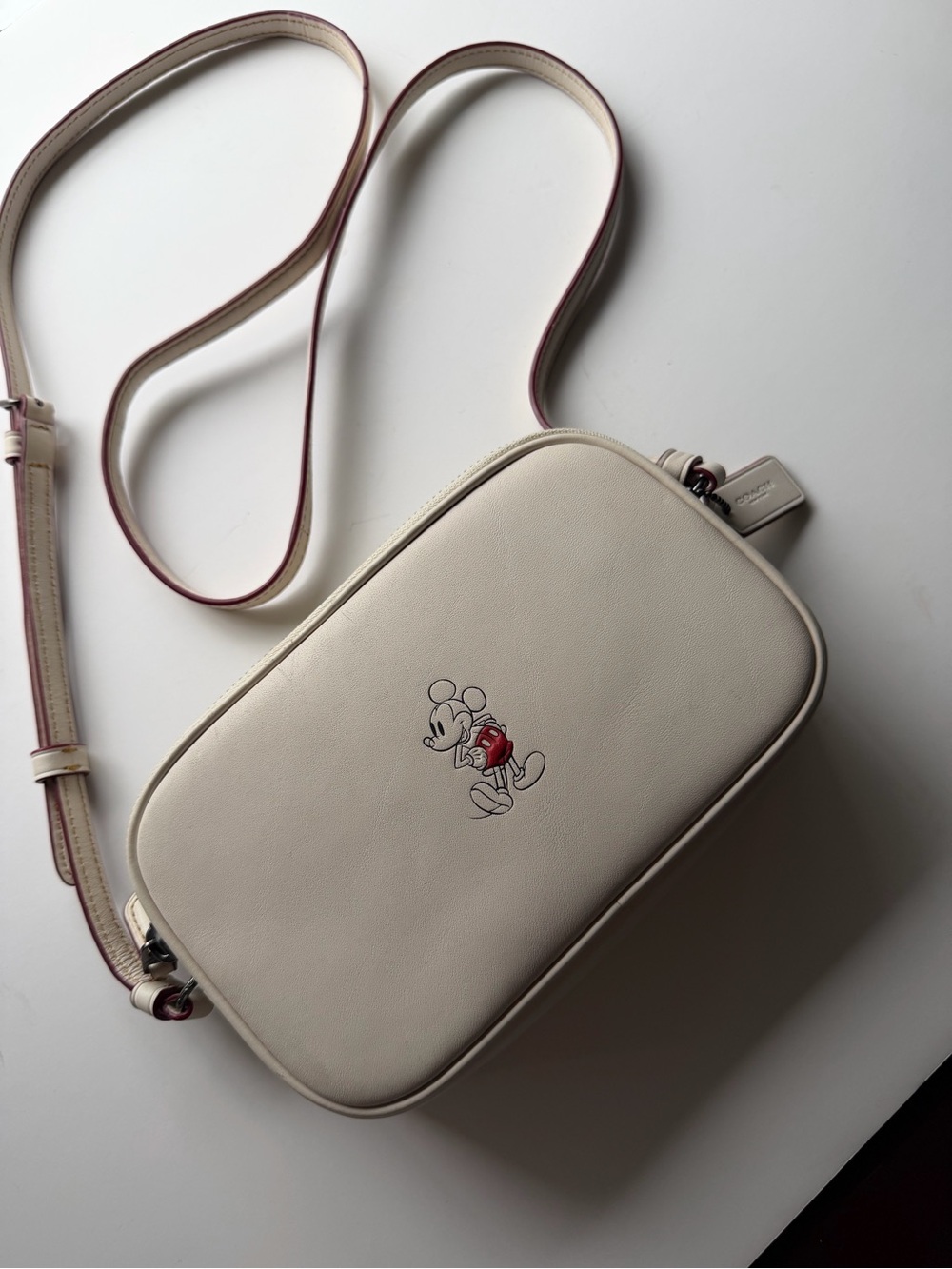Cream Leather Crossbody Bag with Mickey Illustration